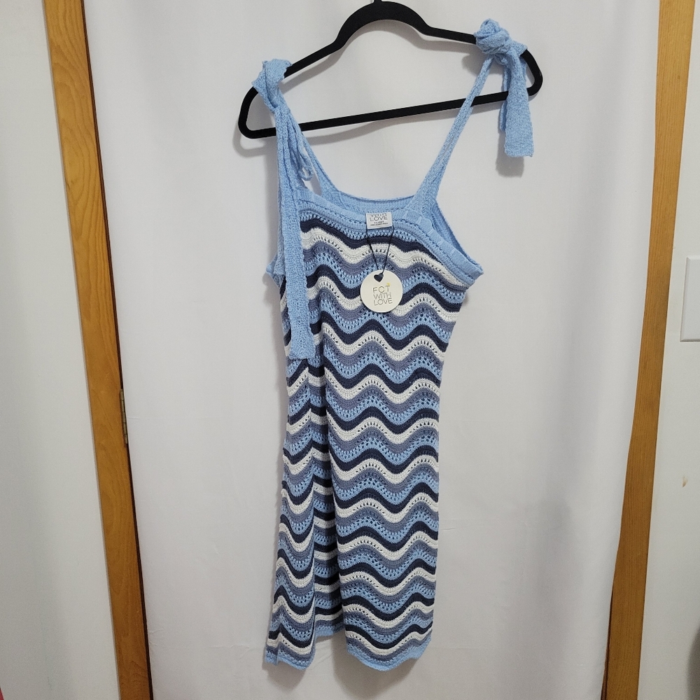 FCT With Love Crochet Wave Knit Slip Dress - Light Blue & Navy, Size XL-JR